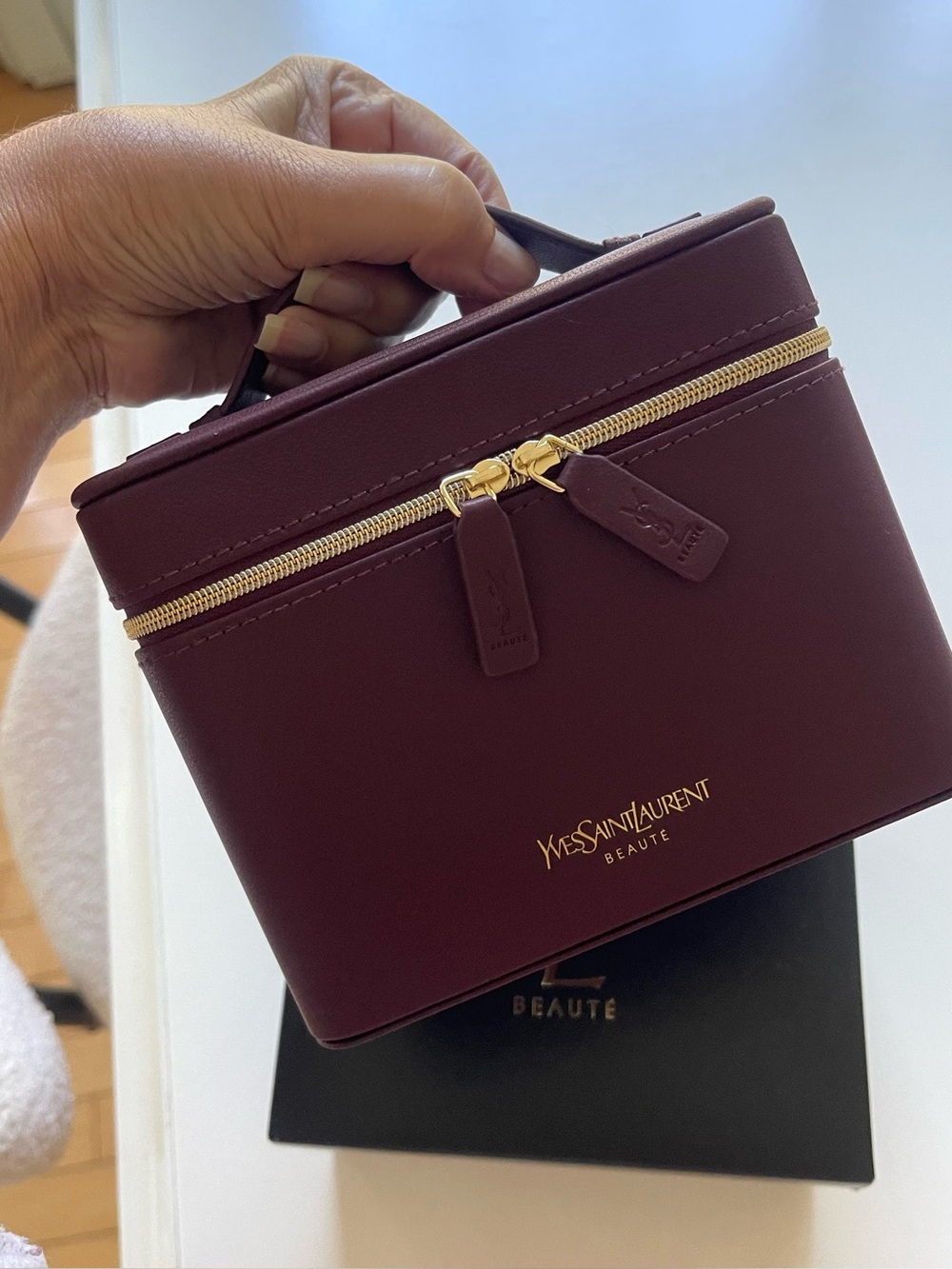 Yves Saint Laurent Wine Burgundy Leather Cosmetic Case with Gold Hardware
